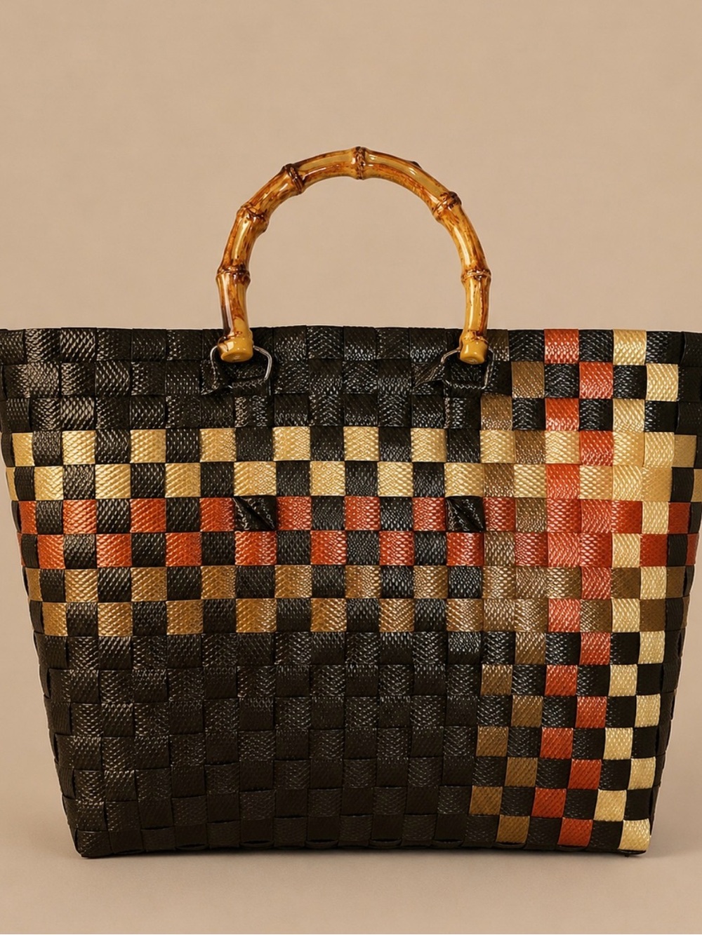 Woven Bamboo-Handle Tote Bag in Dark Brown, Gold & Red